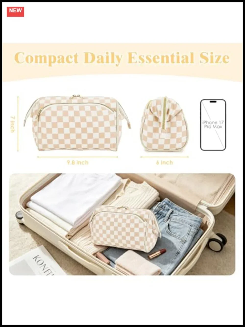 Waterproof Checkered Travel Makeup Bag for Women, Wide-open Cosmetic Organizer
